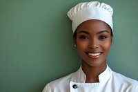 Young African American female chef in white uniform and hat smiling confidently against green wall background, professional culinary portrait for restaurant and food service industry.