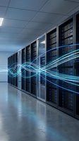 Server room with rows of black server racks and glowing blue data wave visualization representing network connectivity and digital information flow for technology and data center concepts.