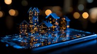 Glowing paper city model on digital tablet with bokeh lights in dark blue tones, miniature buildings with illuminated windows creating magical urban scene.