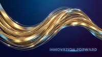Flowing golden liquid wave with metallic sheen on deep blue gradient background, symbolizing innovation, progress, and modern technology for corporate branding and business presentations.