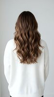 Woman with long wavy brown hair with blonde highlights wearing white sweater from behind showing hairstyle and hair color for beauty salon advertising.