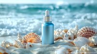 Blue cosmetic dropper bottle on beach sand with seashells and ocean waves, natural skincare concept for beauty and wellness products in coastal setting.