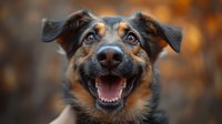 Happy mixed breed dog with brown and black fur smiling at camera against blurred autumn background. Perfect for veterinary services, pet care advertising or animal welfare campaigns.