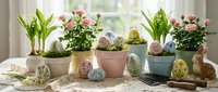 Easter spring decoration with potted plants, painted eggs and bunny figurines on windowsill. Seasonal home decor for holiday celebration and interior design.