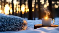Steaming coffee cup on wooden surface in snowy winter forest with cozy knitted blanket at golden sunset, creating atmospheric outdoor scene.
