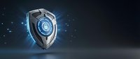 Futuristic cybersecurity shield with glowing blue energy core and digital particles on dark background for technology and data protection concepts.