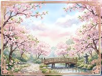 Cherry blossom trees frame wooden bridge over stream in spring garden with pink flowers blooming and soft pastel sky creating peaceful nature scene.