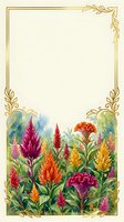 Watercolor celosia garden card with gold ornate frame and copy space, vibrant red, orange and yellow blooms on cream background.
