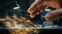 Hand touching glowing digital currency coins in modern workspace, representing cryptocurrency investment, blockchain technology, and financial trading opportunities.