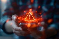 Glowing warning triangle alert symbol emerging from smartphone screen with fiery particles effect, perfect for cybersecurity, mobile threat, or digital danger concepts.