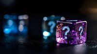 Glowing purple dice with question mark symbols on dark background with blue bokeh lights, mystical gaming concept for tabletop and role-playing games.