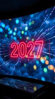Futuristic neon 2027 numbers glowing red on curved digital screen with bokeh lights and data visualization elements in modern tech environment.