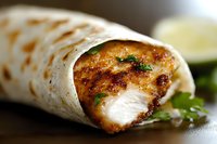 Grilled chicken wrap with seasoned tender meat, fresh herbs, and tortilla photographed in macro view showing juicy texture and char marks. Perfect for food marketing.
