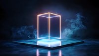 Glowing neon cube frame on illuminated platform with blue smoke effects and reflections creates futuristic sci-fi atmosphere for product display or gaming concept.