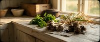 Fresh organic vegetables with soil on rustic wooden kitchen counter near window. Healthy farm produce including leafy greens and root vegetables for cooking.