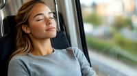 Young woman sleeping peacefully in passenger seat during travel, wearing casual grey sweater, natural daylight streaming through car window, serene expression on face.