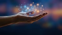 Open palm hand holding glowing digital network nodes and connected lines representing technology, innovation, and data connectivity for business solutions.