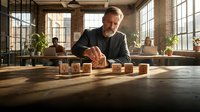 Mature male architect or designer with gray beard arranging wooden blocks on table in bright loft studio with industrial windows and plants for planning or creative project work.
