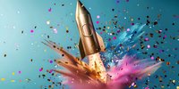 Golden fountain pen nib bursting through colorful powder explosion against turquoise background, dynamic creative writing concept with splashing particles.