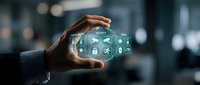 Hands protecting digital security icons with lock symbols and network connections in modern business environment for cybersecurity and data protection concepts.