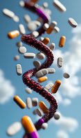 Spiral DNA strand made of red molecules surrounded by floating pharmaceutical pills and tablets against blue cloudy sky background. Medical research concept.