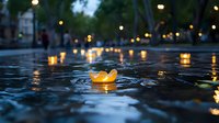 Glowing paper lanterns floating on dark water surface at dusk, creating magical atmosphere with bokeh lights and reflections in evening park setting.