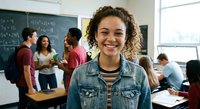 Happy mixed-race female student with curly hair smiling in classroom with diverse classmates studying and collaborating in background during university lesson.