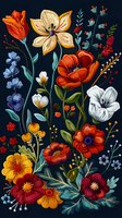 Vibrant embroidered floral arrangement with colorful wildflowers, poppies and botanical elements on dark background for textile and craft projects.