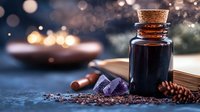 Dark amber glass bottle with cork stopper surrounded by aromatic spices, chocolate pieces and warm bokeh lights creating cozy atmospheric mood for wellness.