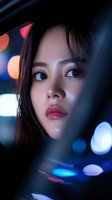 Young Asian woman with glowing skin and red lips gazing thoughtfully against dark background with colorful bokeh lights creating moody nighttime atmosphere.