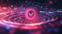 Glowing pink checkmark symbol surrounded by dynamic light trails and bokeh effects in cosmic space, creating futuristic technology concept for digital verification.