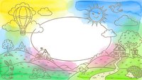 Colorful hand-drawn landscape frame with hot air balloon, sun, clouds, trees and houses creating oval copy space for text or design elements.