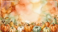 Watercolor autumn background with pumpkins, fall leaves, acorns and berries in warm orange and green tones, copy space for text.