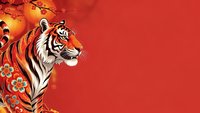 Majestic tiger portrait with traditional Asian ornamental patterns on vibrant red background for lunar new year celebrations and festive designs.