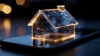 Glowing house model with golden lights on smartphone screen, representing smart home technology, real estate investment, and digital property management solutions.