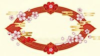 Red and gold Chinese New Year oval frame with cherry blossoms and traditional patterns on cream background for festive greeting cards and decorations.