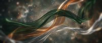 Abstract flowing ribbons in green orange and white colors with sparkling particles creating dynamic motion against dark cosmic background for digital art projects.