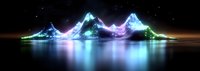 Glowing mountain range with colorful neon lights reflecting on water surface, panoramic view of abstract landscape with vibrant aurora-like illumination.