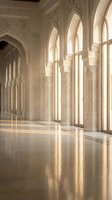 Elegant Islamic architecture corridor with ornate arched columns and intricate geometric patterns reflecting on polished marble floor in warm golden light.