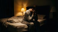 Depressed man sitting on bed edge holding head in hands in dimly lit bedroom with warm lamp light creating moody atmosphere for mental health concepts.