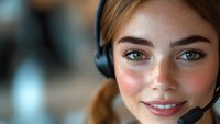 Young customer service representative with freckles and bright blue eyes wearing headset smiles warmly during call center work, close-up portrait with soft focus background.