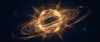 Golden energy sphere with orbital rings and bright light rays on dark space background for sci-fi and futuristic design projects.