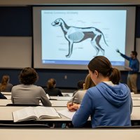 Veterinary students attending anatomy lecture with dog skeleton diagram on projector screen in modern university classroom for medical education.