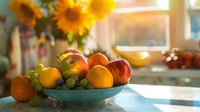 Fresh fruit bowl with apples, oranges, bananas and grapes on kitchen counter with sunflowers in background, bathed in warm golden sunlight.