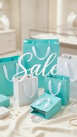 Luxury jewelry store sale concept with turquoise and white shopping bags, pearl necklace, and elegant Sale text on silk background.