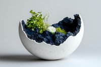 Cracked concrete bowl with dark rocky interior holding green plants and white flower, modern minimalist decor concept on light background.