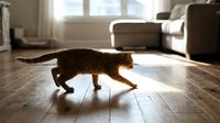 Brown tabby cat walking across wooden floor in sunlit living room with furniture and windows in background.