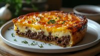 Homemade beef and potato casserole with melted cheese crust, garnished with fresh herbs on white plate. Close up view shows layered texture and golden brown top.
