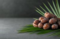 Fresh dates fruit pile on palm leaves against dark background for healthy eating and Middle Eastern cuisine concepts.