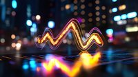 Glowing neon wave line floating above reflective surface with blurred city lights background creates futuristic financial market visualization effect.